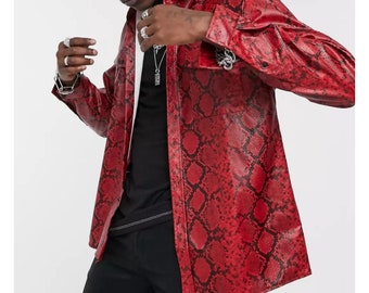 Men's Red Snake Print Leather Shirt, Men's Red Snake Leather Jacket, Men's Red Leather Shirt, Men's Black Leather Shirt, Snake Leather Shirt