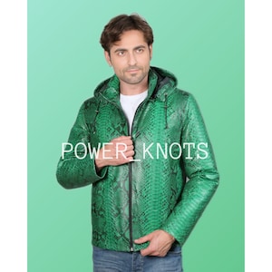 Men&#39;s Green Python Embossed Effect Hooded Leather Jacket, Men&#39;s Green Snake Effect Leather Jacket, Men&#39;s Green Snake Embossed Sweatshirt