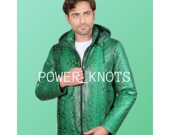 Men's Green Python Embossed Effect Hooded Leather Jacket, Men's Green Snake Effect Leather Jacket, Men's Green Snake Embossed Sweatshirt