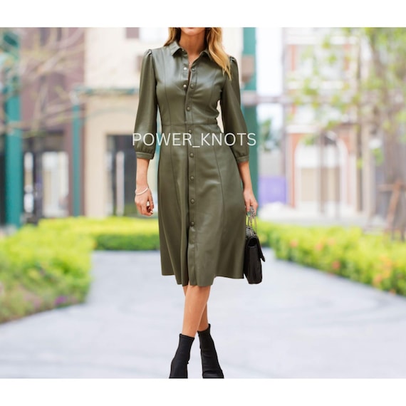 Womens Olive Green Tailored Leather Shirt Dress with Ruche Shoulders, Womens Olive Green Leather Dress, Womens Olive Green Long Leather Coat