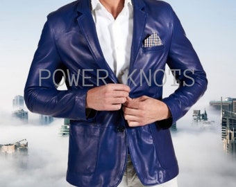 Men's Royal Blue Tailored Business Leather Blazer, Men's Blue Leather Blazer, Men's Blue Leather Coat, Groom Wedding Blazer Coat Royal Blue