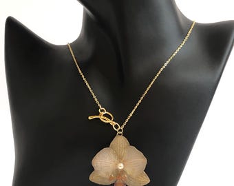Véritable collier d'orchidées préservées – Collier fait main en résine d'orchidées préservées, collier à fermoir rond orchidées