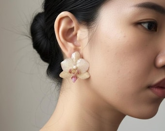 Real Orchid Resin Stud Earrings | Handmade Preserved Orchid Flower Resin Earrings, Dried Flower Stud Earring, Gift For her