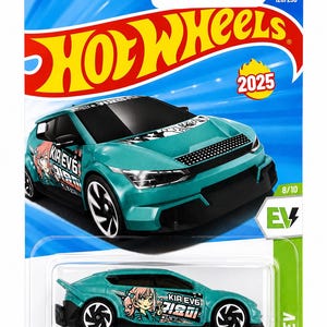 May include: A teal Hot Wheels Custom Kia EV6 die-cast car in its original packaging. The car features black and white wheels, a graphic of an anime-style character on the side, and the text "KIA EV6". The packaging includes the Hot Wheels logo.