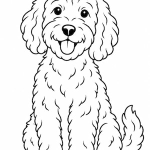 Könnte beinhalten: Eine schwarz-weiße Strichzeichnung eines lockigen Hundes, der sitzt. Der Hund hat Schlappohren, einen fröhlichen Gesichtsausdruck mit herausgestreckter Zunge und einen buschigen Schwanz. Die Zeichnung besteht aus klaren Umrisslinien.