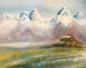 Original watercolor painting - Mountain Cabin, hand painted, landscape, wall art