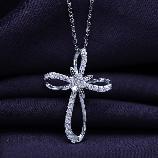 Infinity Cross Pendant Necklace, 0.33 Cttw Round Shape IGI Certified Lab Grown Diamond Necklace For Women In 14K Gold Over Sterling Silver