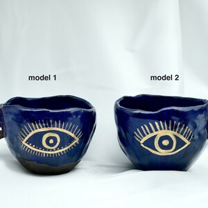 Evil Eye Pattern Dark Blue Ceramic Cup, Special Decorative Cup, Coffee Lovers Gift, New Home Gift, Christmas Gift, Spiral Handle Cup,
