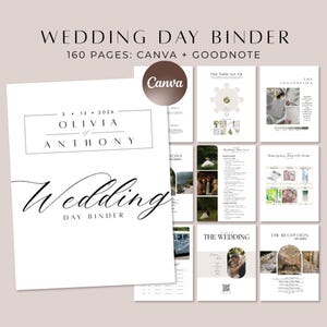May include: A digital wedding day binder template with 160 pages compatible with Canva and Goodnote. The white pages feature black text, including the title Wedding Day Binder, Olivia and Anthony, and various planning sections like table set-ups, invitation layouts, and emergency day-of items.