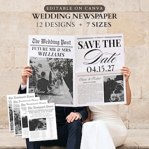 May include: A digital wedding newspaper template set featuring 12 designs and 7 sizes, editable on Canva. The layout includes black and white text, headlines like The Wedding Post and Save The Date, and placeholders for photos and personal love stories.