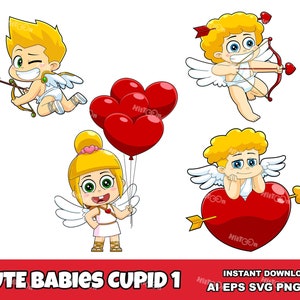 Cute Baby Cupid Cartoon Characters – Digital Clip Art Vector Graphic Illustrations Bundle – Ai, Eps, Svg, Png, Jpg – Free Commercial Use
