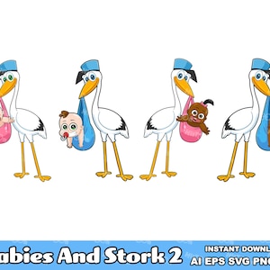 Stork Delivering Babies Cartoon Characters - Clipart Vector Graphic Bundle - Ai, Eps, Svg, Png, Jpg - Free Commercial Use