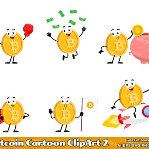 6 Bitcoin Cartoon ClipArt 2. Flat Design. Vector Graphic Illustrations Bundle Set. AI. EPS. SVG. PDf. Png and Jpg. Commercial Use