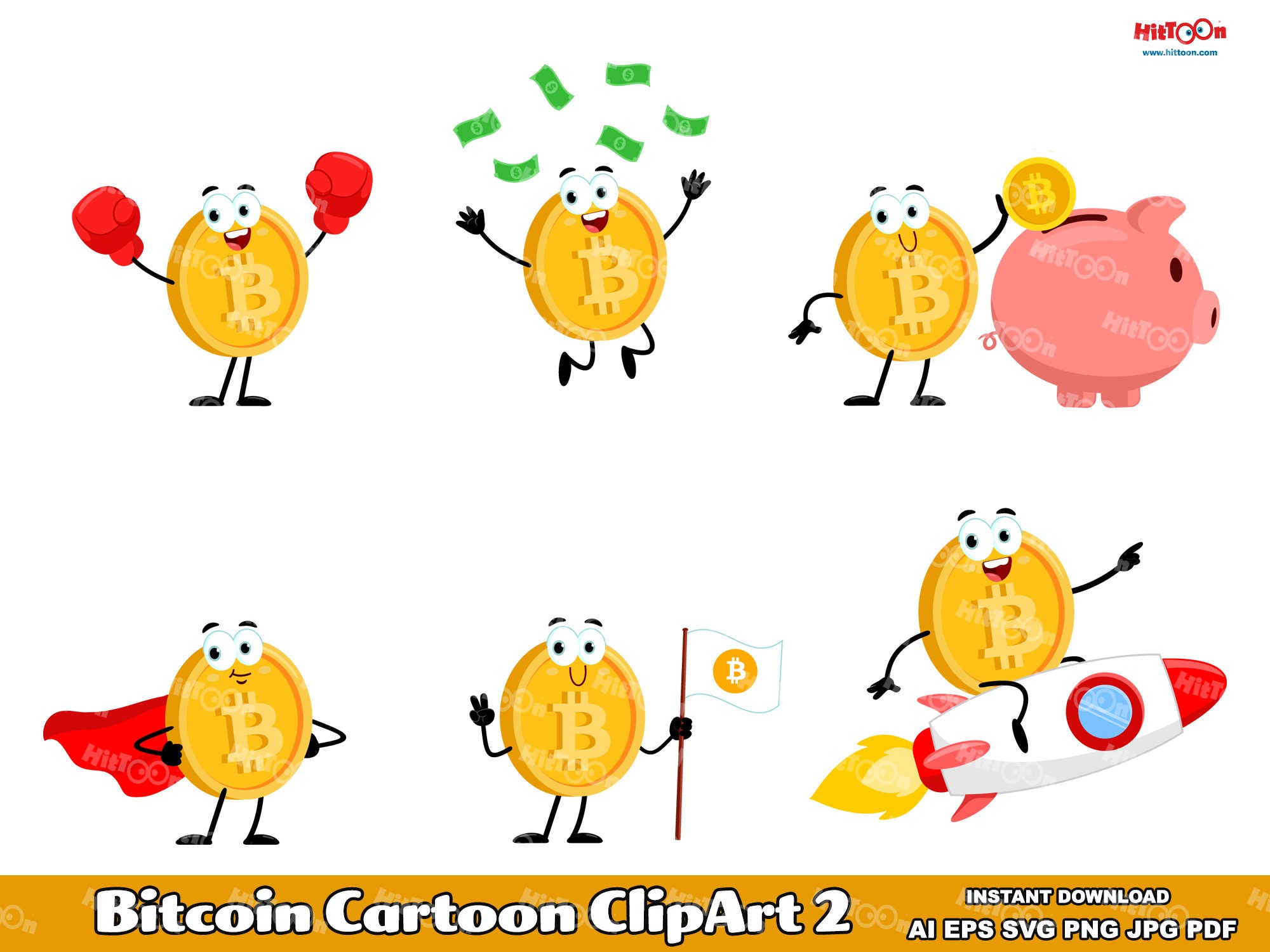 Bitcoin Cartoon Clipart: Flat Design Vector Graphics (Commercial Use)