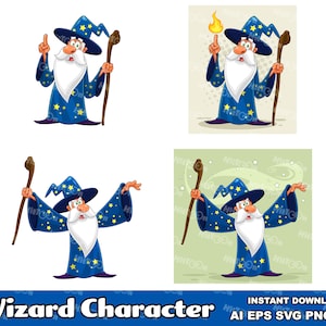Old Wizard Cartoon Mascot Character – Digital Clip Art Vector Graphic Illustrations Bundle – Ai, Eps, Svg, Png, Jpg – Free Commercial Use