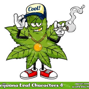 Marijuana Leaf Cartoon Characters 4. Digital Clip Art Vector Graphic Illustrations Bundle Set. AI. EPS. SVG. Png and Jpg. Commercial Use