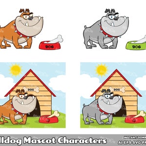 Personnages de mascotte de dessin animé de bouledogue. Ensemble d'illustrations graphiques vectorielles clip art numérique. IA. EPS. SVG. PNG et Jpg. Utilisation commerciale