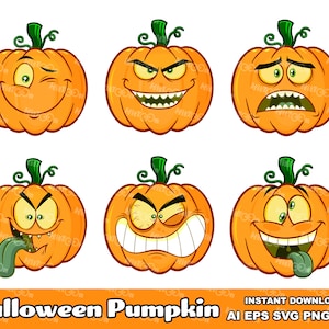 6 Halloween Pumpkin Cartoon Emoji Faces. Digital Clip Art Vector Graphic Illustrations Bundle Set. AI. EPS. SVG. Png and Jpg. Commercial Use