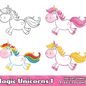 Magic Unicorn Cartoon Mascot Character 1. Digital Clip Art Vector Graphic Illustrations Bundle Set AI. EPS. SVG. Png and Jpg. Commercial Use