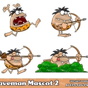 Caveman Cartoon Mascot Characters 2. Digital Clip Art Vector Graphic Illustrations Bundle Set. AI. EPS. SVG. Png and Jpg. Commercial Use