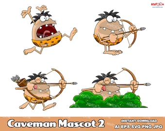 Caveman Cartoon Mascot Characters 2. Digital Clip Art Vector Graphic Illustrations Bundle Set. AI. EPS. SVG. Png and Jpg. Commercial Use