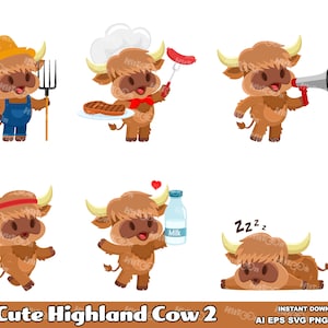 6 lindas vacas de las Tierras Altas. Conjunto de ilustraciones gráficas vectoriales de clip art plano. AI. EPS. SVG. Pdf. Png y Jpg. Sublimación y uso comercial
