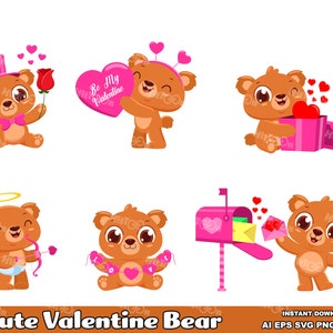 6 Cute Valentine Bear Cartoon ClipArt. Flat Design. Vector Graphic Illustrations Bundle Set. AI. EPS. SVG. PDf. Png and Jpg. Commercial Use