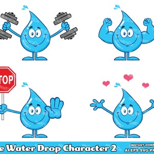 Blauer Wassertropfen Cartoon Maskottchen Character 2. Digitale Clip Art Graphische Illustrationen Bundle. AI. EPS. SVG. Png und Jpg. Kommerzielle Nutzung