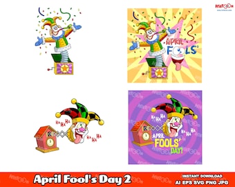 Funny April Fools Day Cartoons 2. Digital Clip Art Vector Graphic Illustrations Bundle Set. AI. EPS. SVG. Png and Jpg. Commercial Use