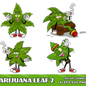 Marihuanablad mascotte stripfiguren - digitale clipart vector grafische bundel - Ai, Eps, Svg, Png, Jpg - gratis commercieel gebruik