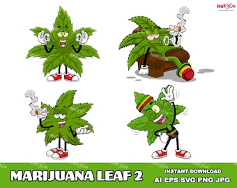 Marijuana Leaf Cartoon Mascot Characters - Digital Clipart Vector Graphic Bundle - Ai, Eps, Svg, Png, Jpg - Free Commercial Use