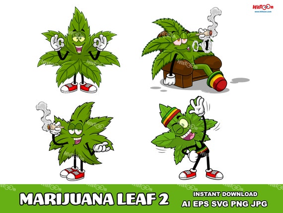 Marijuana Leaf Cartoon Mascot Characters 2. Digital Clip Art Vector Graphic Illustrations Bundle. AI. EPS. SVG. Png and Jpg. Commercial Use