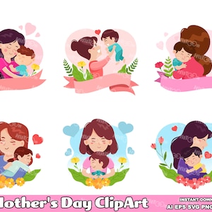 6 imágenes prediseñadas del Día de la Madre. Diseño plano. Conjunto de ilustraciones gráficas vectoriales. AI. EPS. SVG. PDf. Png y Jpg. Uso comercial por sublimación