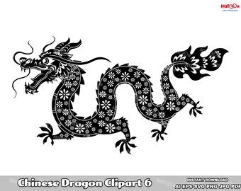 Chinese Dragon Clipart 6. Hand Drawn Digital Clip Art Vector Graphic Illustrations. Design Print AI. EPS. SVG. Png and Jpg. Commercial Use