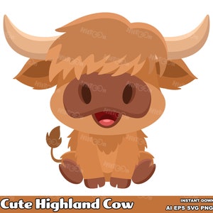 Lindo personaje de vaca de las Tierras Altas. Diseño plano. Ilustraciones gráficas vectoriales. AI. EPS. SVG. PDf. Png y Jpg. Sublimación y uso comercial