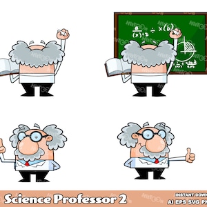 Science Professor Cartoon Character – Digital Clipart Vector Graphic Illustrations Bundle Set – Ai, Eps, Svg, Png, Jpg – Free Commercial Use