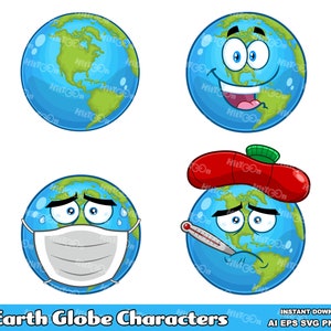 Earth Globe Cartoon Characters. Digital Clip Art Vector Graphic Illustrations Bundle Set. AI. EPS. SVG. Png and Jpg. Commercial Use