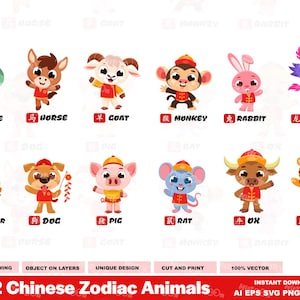 12 Chinese Zodiac Animals - Flat Design Cartoon Characters Bundle - Ai, Eps, Svg, Pdf, Png, Jpg - Free Commercial Use