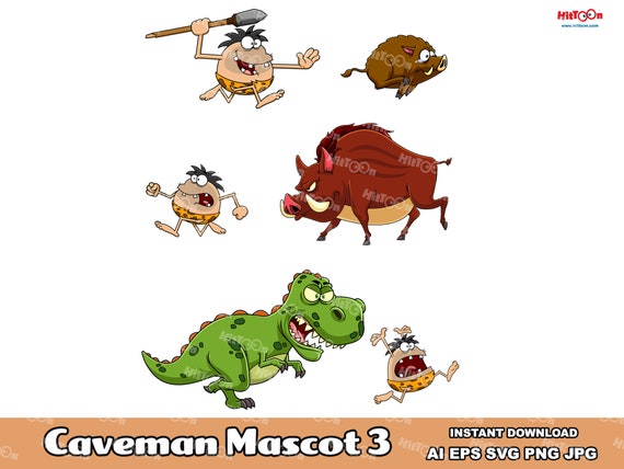 Caveman Cartoon Mascot Characters 3. Digital Clip Art Vector Graphic Illustrations Bundle Set. AI. EPS. SVG. Png and Jpg. Commercial Use