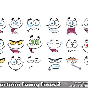 18 Cartoon Funny Faces 2. Handgetekende digitale illustraties. Bundelset met vectorafbeeldingen. AI. EPS. SVG-bestand. Png en jpg. Commercieel gebruik