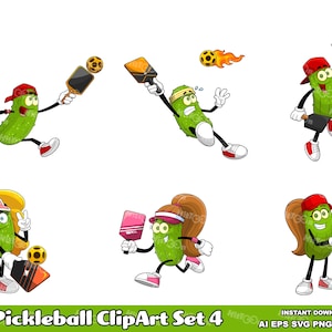 6 Pickleball Cartoon Clipart - Hand Drawn Vector Graphic Bundle - Ai, Eps, Svg, Pdf, Png, Jpg - Commercial Use