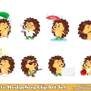Conjunto de 8 adorables imágenes prediseñadas de erizos. Diseño plano. Digital. Conjunto de ilustraciones gráficas vectoriales. AI. EPS. SVG. Png y Jpg. Uso comercial