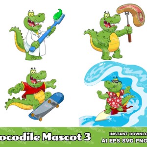 Crocodile Cartoon Mascot Character 3. Digital Clip Art Vector Graphic Illustrations Bundle Set. AI. EPS. SVG. Png and Jpg. Commercial Use
