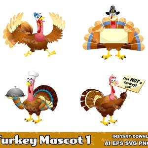 Turkey Cartoon Mascot Character - Flat Design Clipart Vector Graphic Bundle - Ai, Eps, Svg, Png, Jpg - Free Commercial Use