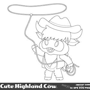 Linda vaca de las Tierras Altas. Conjunto de ilustraciones gráficas vectoriales en formato digital. AI. EPS. SVG. Pdf. Png y Jpg. Sublimación y uso comercial