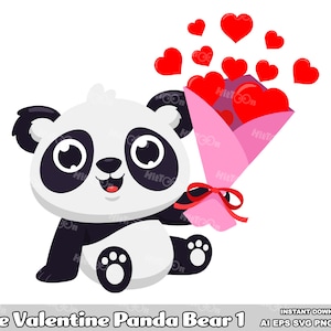 Lindo oso panda de San Valentín - Paquete de gráficos vectoriales de diseño plano - Ai, Eps, Svg, Pdf, Png, Jpg - Uso comercial gratuito