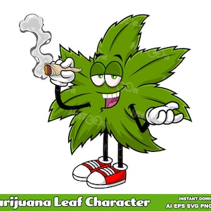 Marijuana Leaf Cartoon Character. Digital Clip Art Vector Graphic Illustrations Bundle Set. AI. EPS. SVG. Png and Jpg. Commercial Use