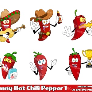 6 grappige hete chilipepers - digitale vector handgetekende grafische bundel - Ai, Eps, Svg, Png, Jpg - gratis commercieel gebruik