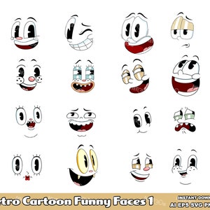16 Retro Cartoon Funny Faces 1. Digital Clip Art Vector Graphic Illustrations Bundle Set. AI. EPS. SVG. Png and Jpg. Commercial Use