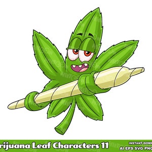 Marijuana Leaf Cartoon Characters 11. Digital Clip Art Vector Graphic Illustrations Bundle. AI. EPS. SVG. Pdf. Png and Jpg. Commercial Use